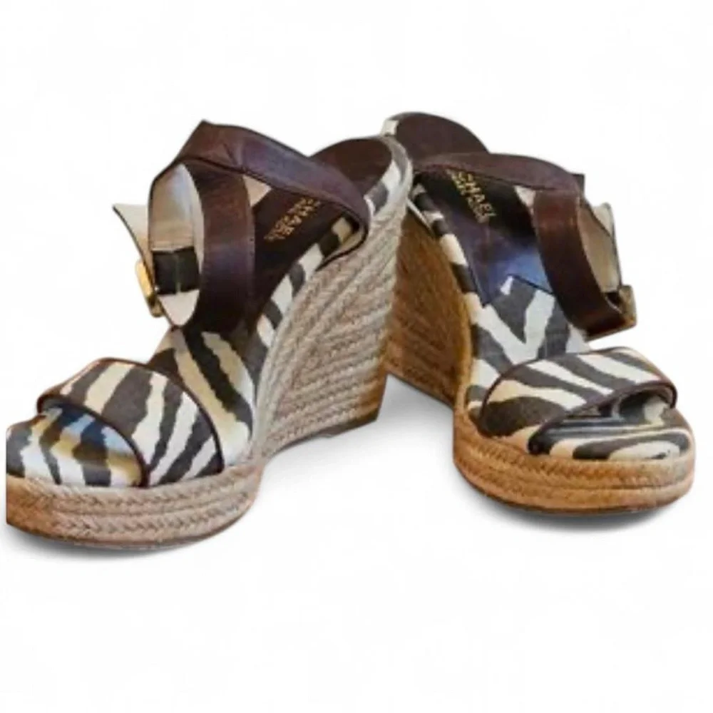 Michael Kors Zebra Print Espadrilles Wedge Ankle Strap High Heels Size: 6